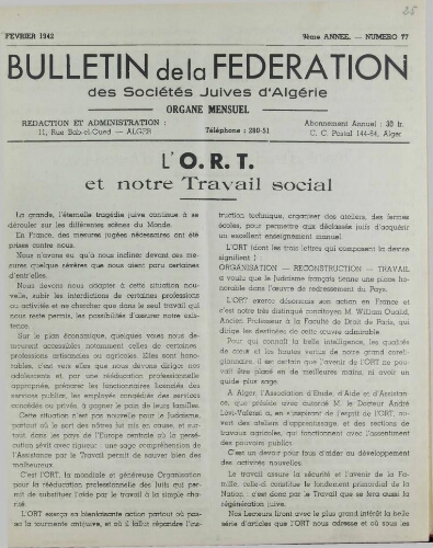 Bulletin de la Fédération des sociétés juives d’Algérie  V°09 N°77 (01/02/1942)